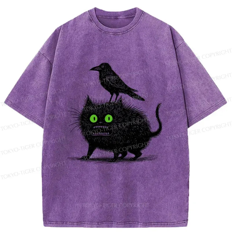 Washed Unisex T-Shirt with Black Cat Design