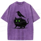 Washed Unisex T-Shirt with Black Cat Design