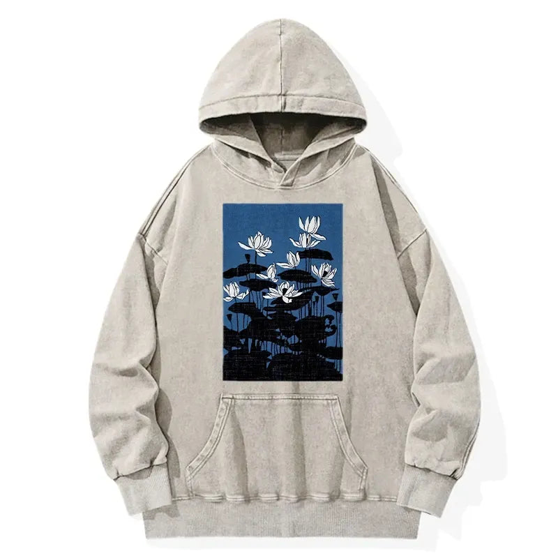 Kyoto-Lion Blue Lotus Japanese Art Washed Hoodie