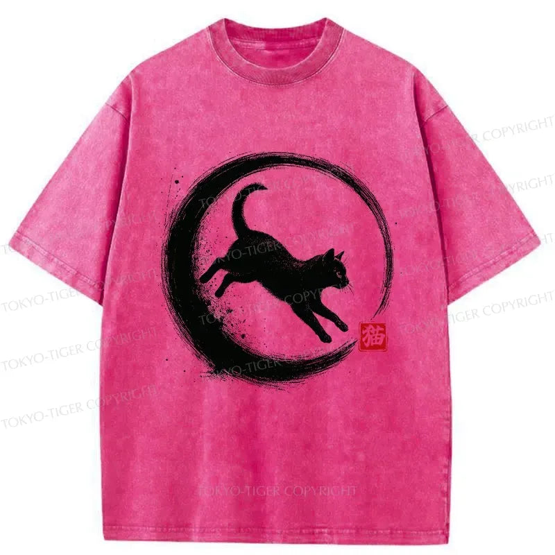 Kyoto-Lion Retro Cat Enso Japanese Washed T-Shirt