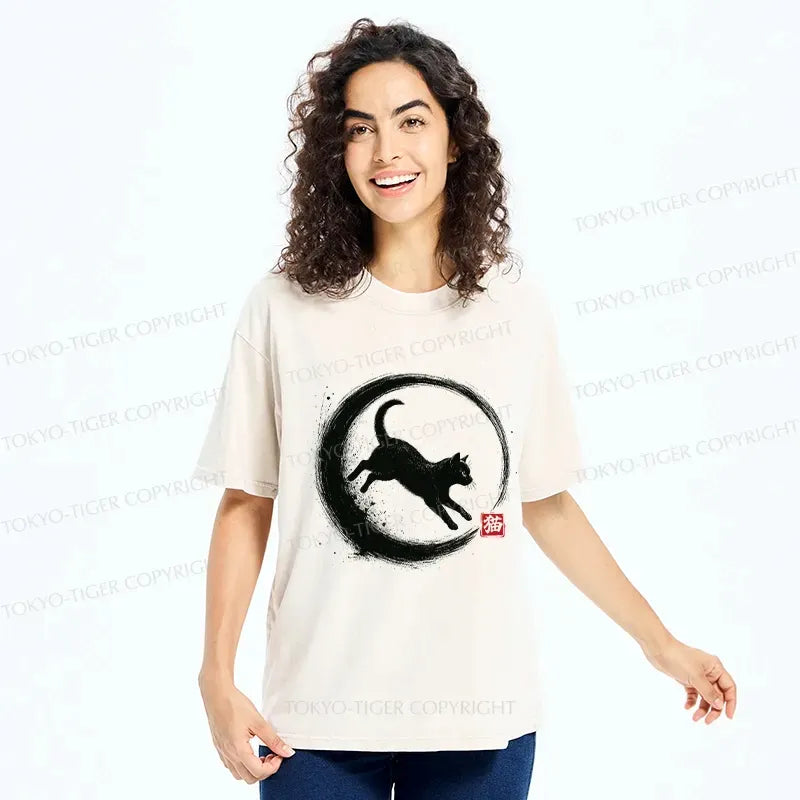 Kyoto-Lion Retro Cat Enso Japanese Washed T-Shirt