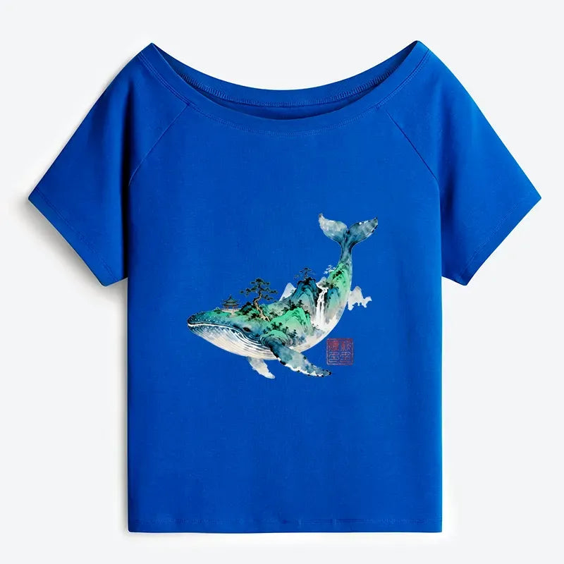 Japanese Whale Ink Off Shoulder T-Shirt for Summer