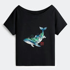 Kyoto-Lion Whale Ink Painting Landscape Off Shoulder T-Shirt