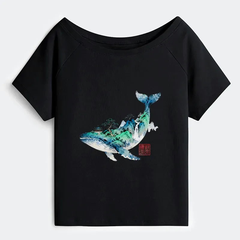 Kyoto-Lion Whale Ink Painting Landscape Off Shoulder T-Shirt