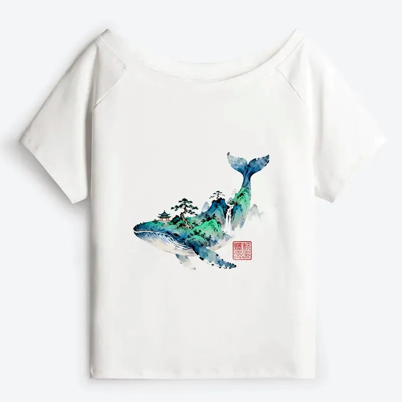 Kyoto-Lion Whale Ink Painting Landscape Off Shoulder T-Shirt