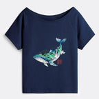 Japanese Whale Ink Off Shoulder T-Shirt for Summer