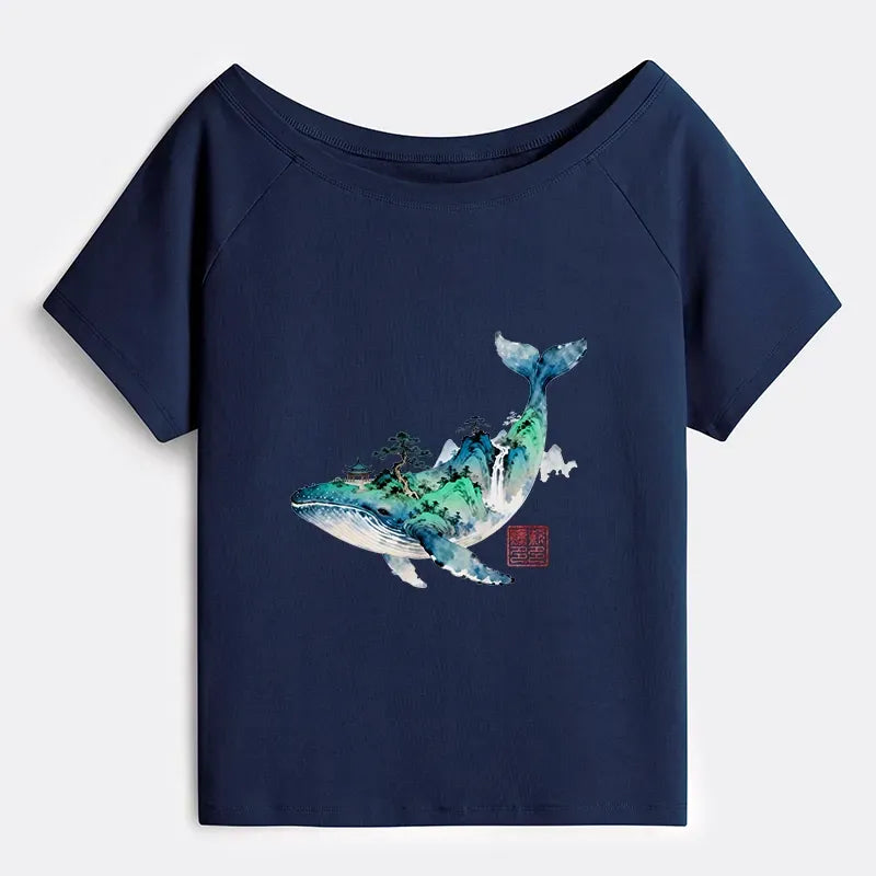 Japanese Whale Ink Off Shoulder T-Shirt for Summer