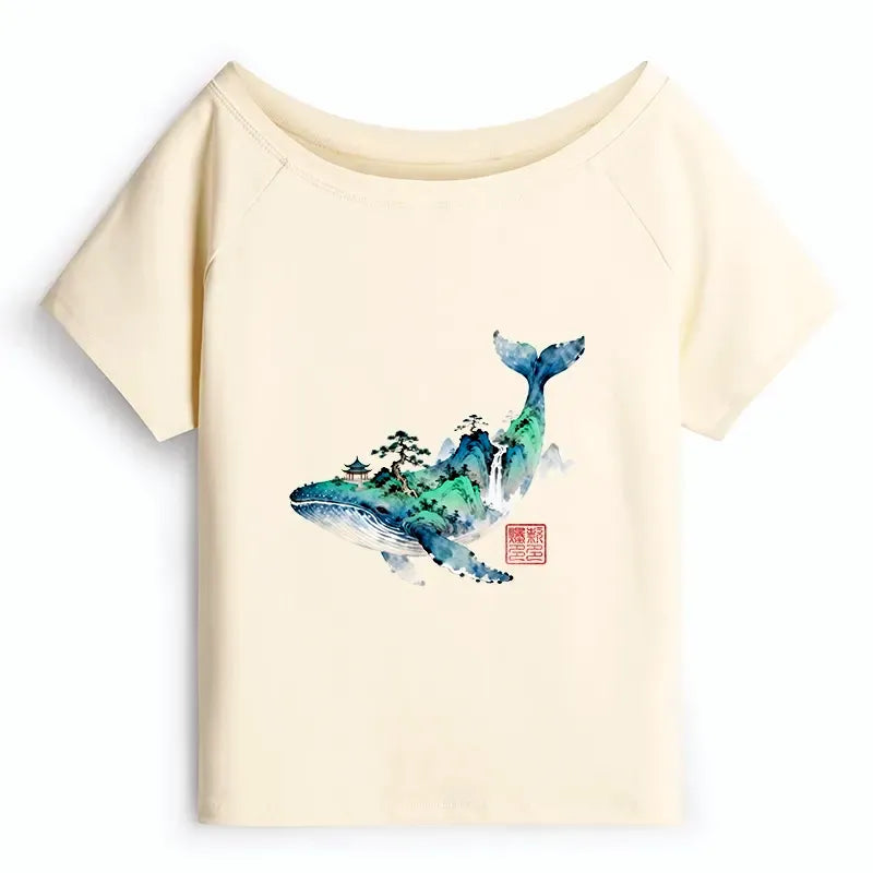 Japanese Whale Ink Off Shoulder T-Shirt for Summer