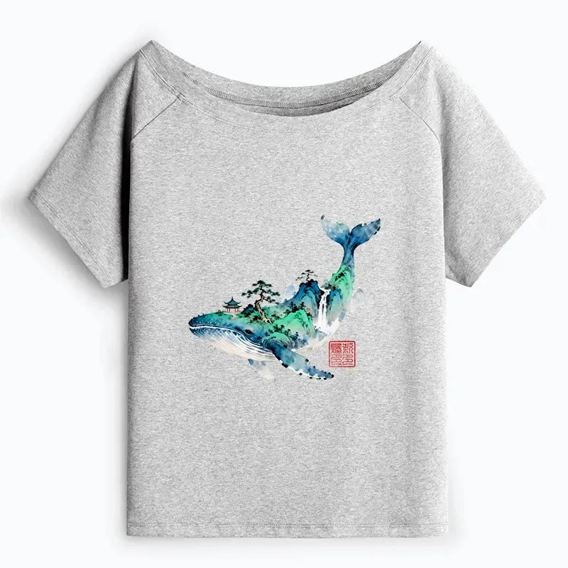 Off Shoulder T-Shirt with Japanese Landscape Print