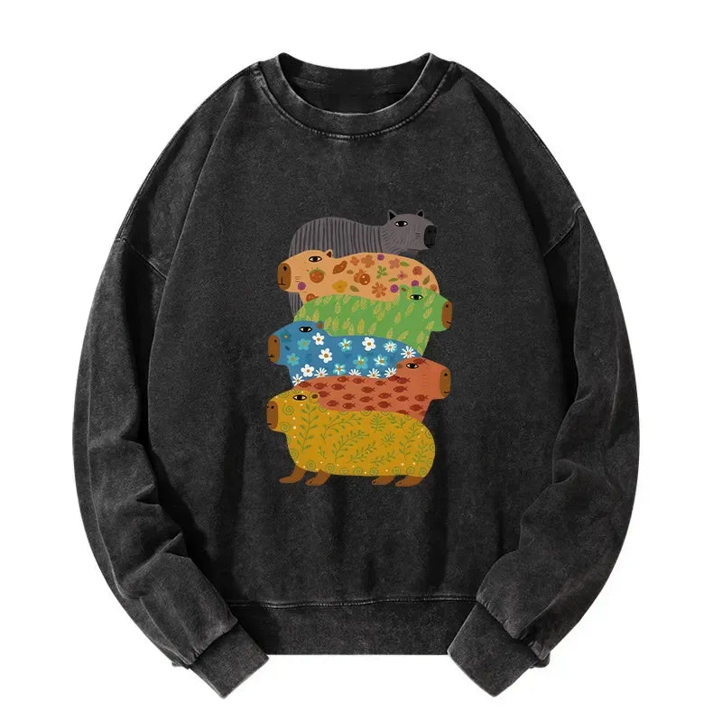 Kyoto-Lion Colorful Capybaras Washed Sweatshirt
