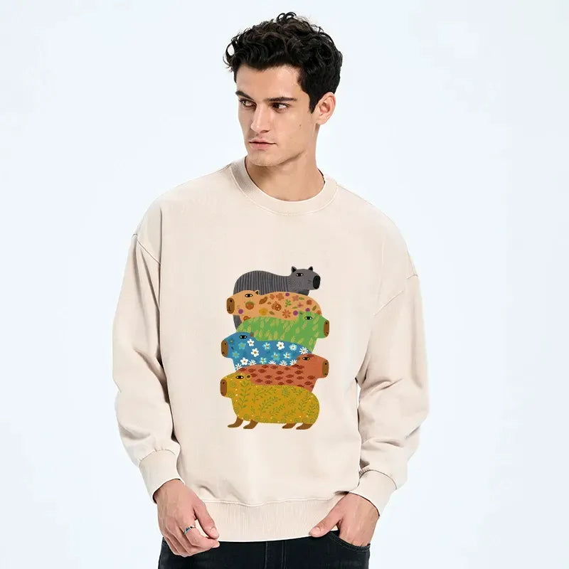 Kyoto-Lion Colorful Capybaras Washed Sweatshirt