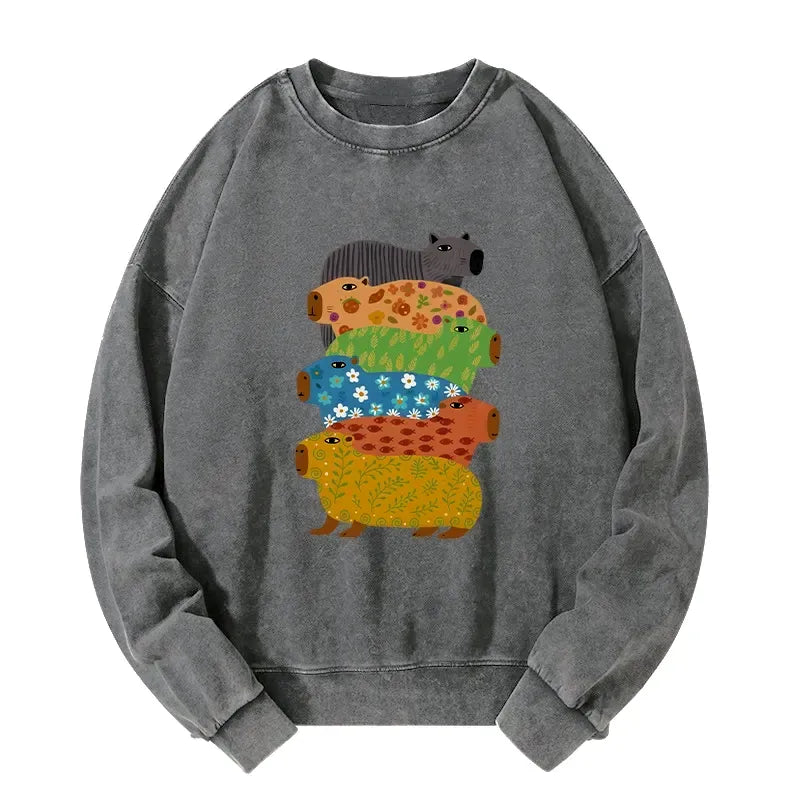 Kyoto-Lion Colorful Capybaras Washed Sweatshirt