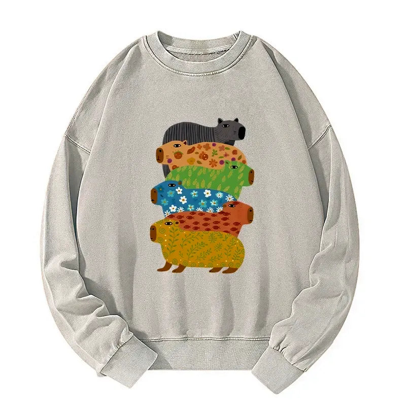 Kyoto-Lion Colorful Capybaras Washed Sweatshirt