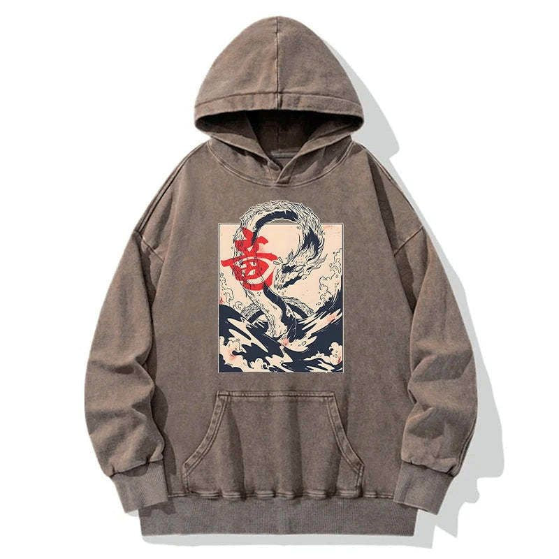 japanese washed hoodie with sea dragon