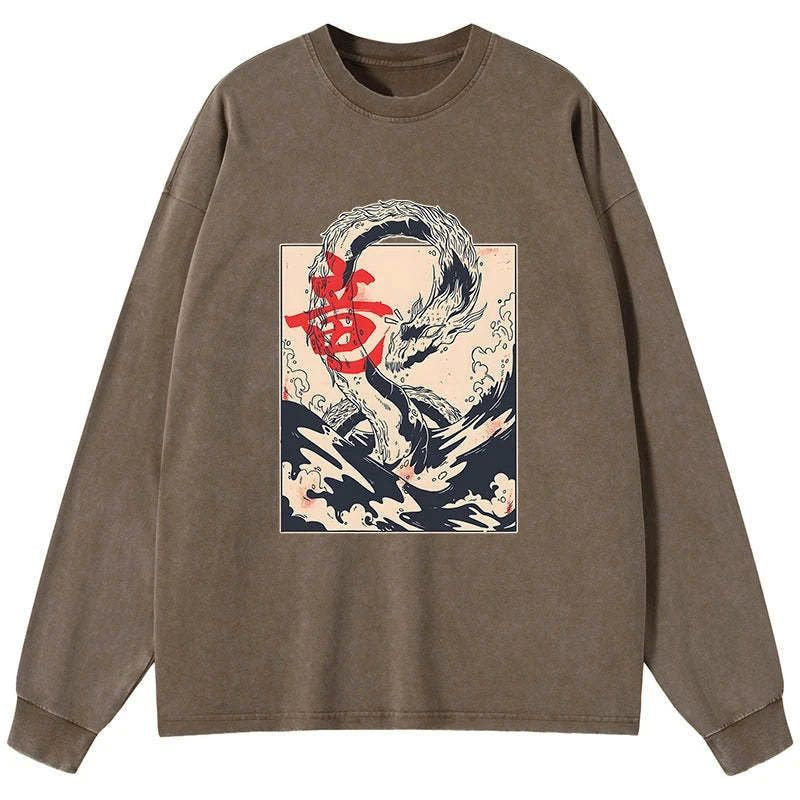 Kyoto-Lion Sea Dragon Japanese Washed Long Sleeve T-Shirt