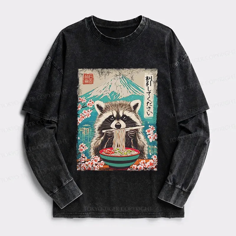 Kyoto-Lion Please Give Raccoon A Discount Washed Double Layer T-Shirt