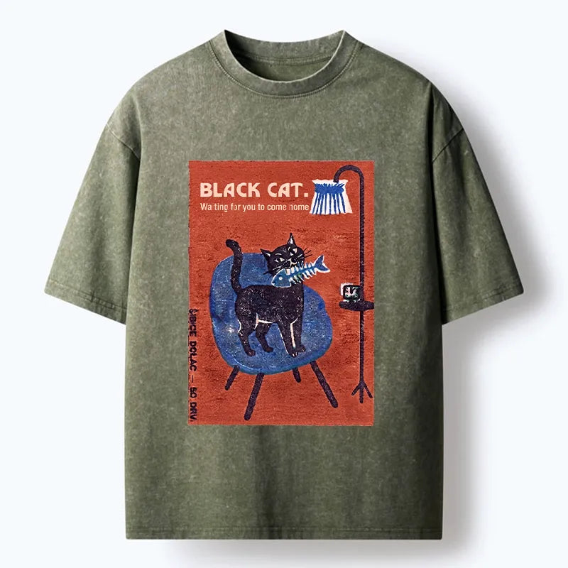 Kyoto-Lion Waiting Cat With Tiny Fish Bone Washed T-Shirt