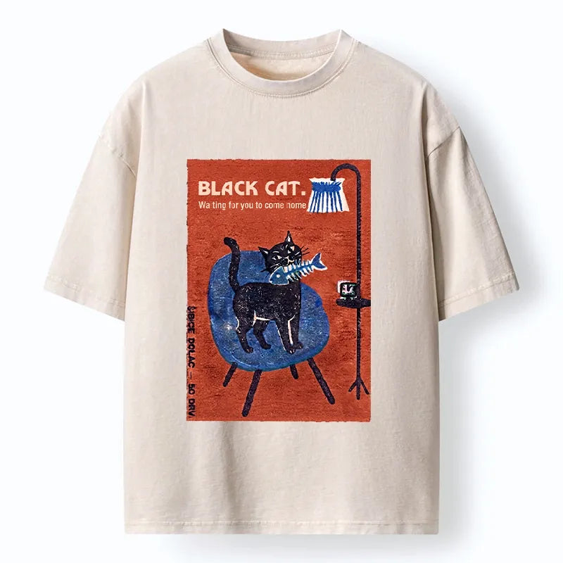 Kyoto-Lion Waiting Cat With Tiny Fish Bone Washed T-Shirt