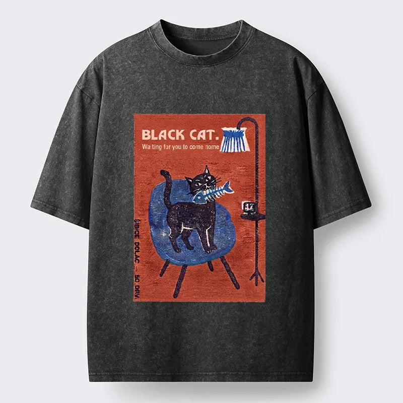 Kyoto-Lion Waiting Cat With Tiny Fish Bone Washed T-Shirt