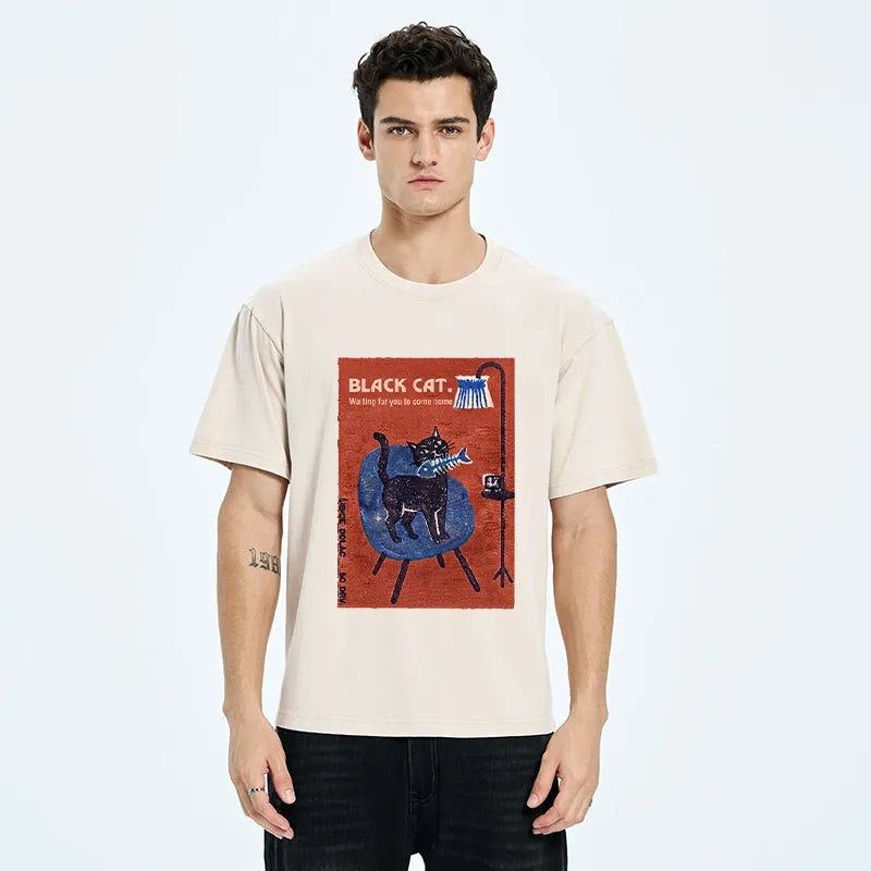 Kyoto-Lion Waiting Cat With Tiny Fish Bone Washed T-Shirt