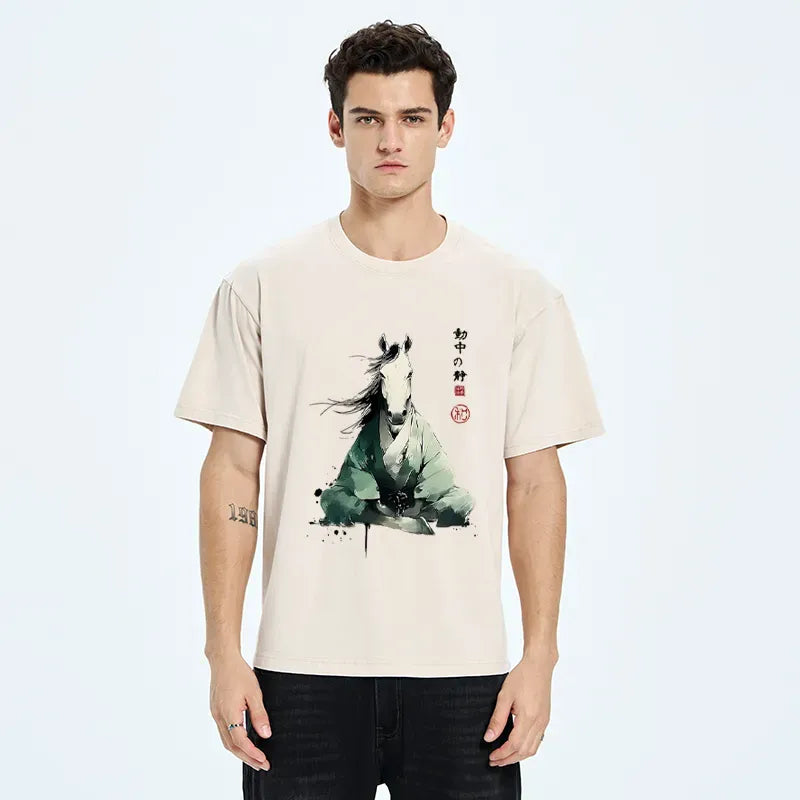 Kyoto-Lion Zen Stallion Stillness In Motion Washed T-Shirt