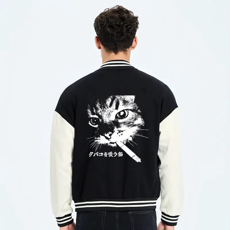Kyoto-Lion Retro Cat Smoking Embroidery Varsity Jacket