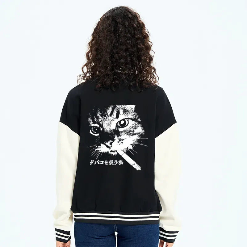 retro cat smoking varsity jacket for men