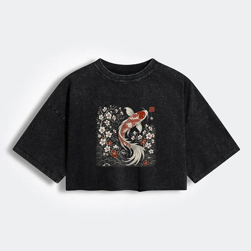 vintage japanese sakura koi crop t-shirt