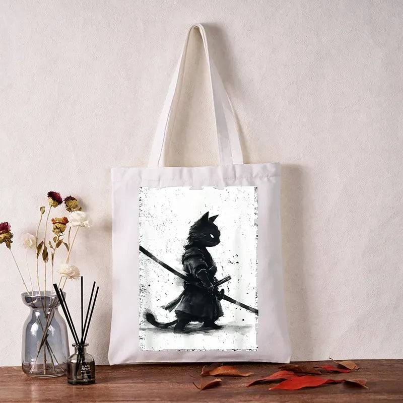 Japanese Cat Samurai Tote Bag for Daily Wear