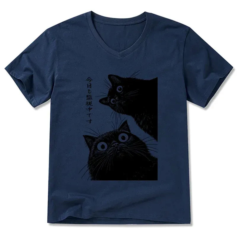 Japanese cat watching v neck t shirt