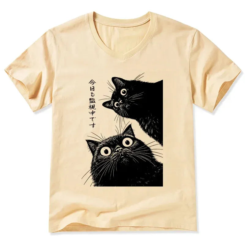 Japanese cat watching v neck t shirt