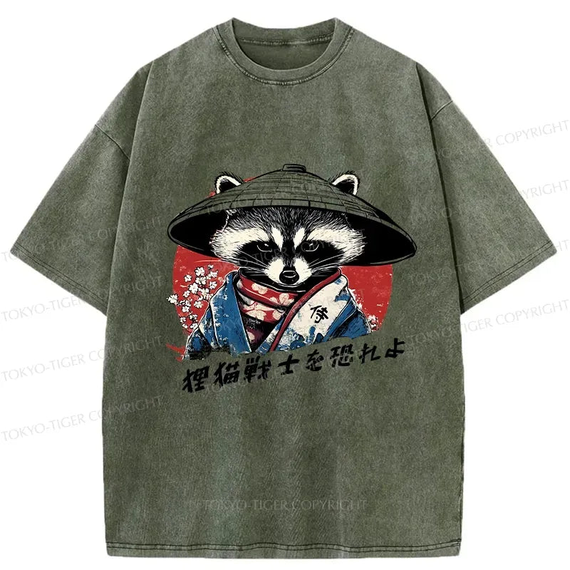 Kyoto-Lion Japanese Raccoon Samurai Washed T-Shirt