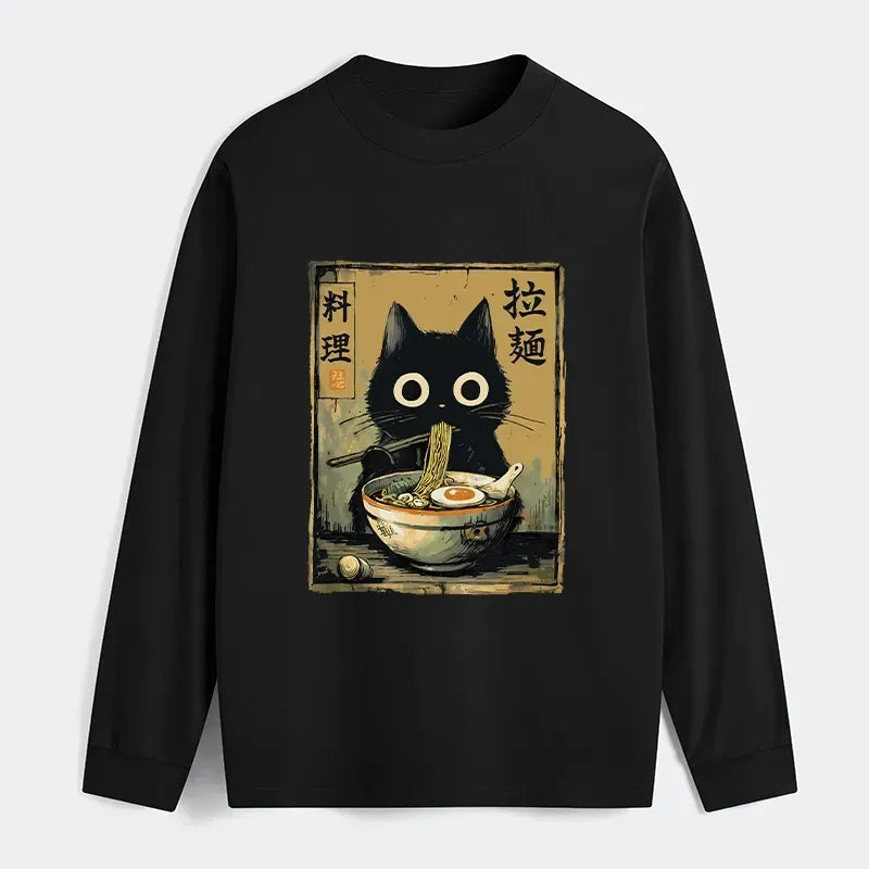 Japanese Black Cat Ramen Long Sleeve T-Shirt