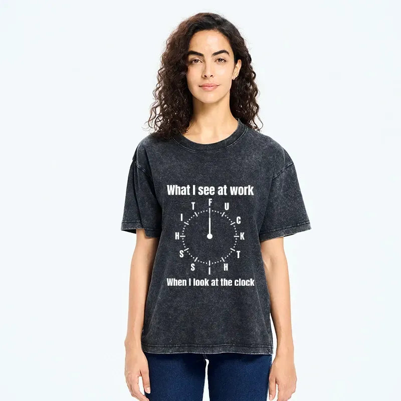 Kyoto-Lion Funny Work Clock Frustration Washed T-Shirt