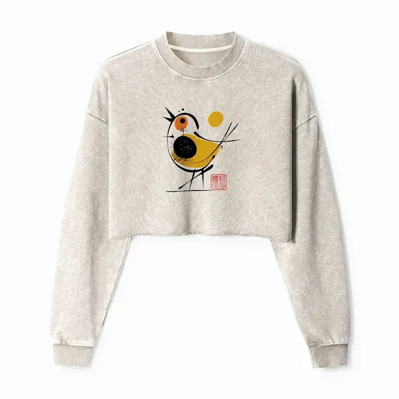 yellow black bird crop sweatshirt for women