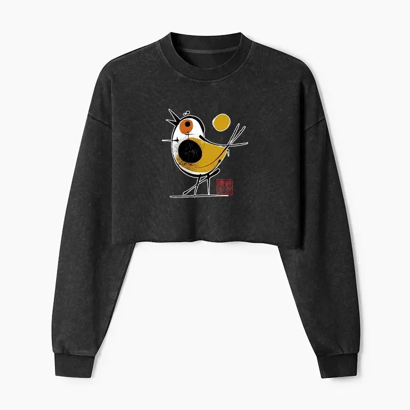 Kyoto-Lion Aesthetic Yellow And Black Bird Washed Crop Sweatshirt