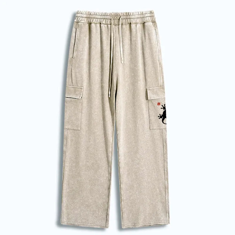 Kyoto-Lion Minimal Asian Ink Brush Gecko Vibe Washed Utility Sweatpants