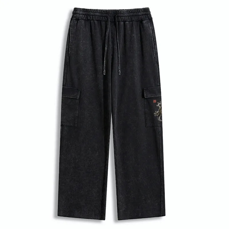 Kyoto-Lion Minimal Asian Ink Brush Gecko Vibe Washed Utility Sweatpants