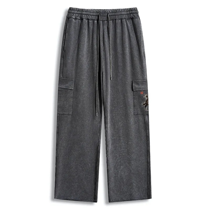 Kyoto-Lion Minimal Asian Ink Brush Gecko Vibe Washed Utility Sweatpants