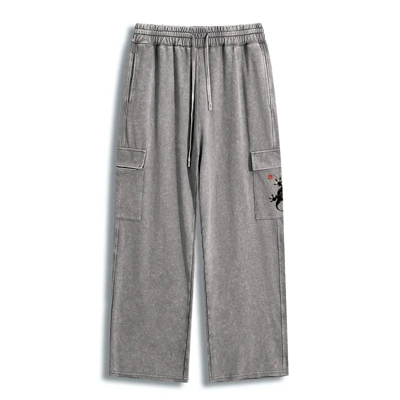 Kyoto-Lion Minimal Asian Ink Brush Gecko Vibe Washed Utility Sweatpants