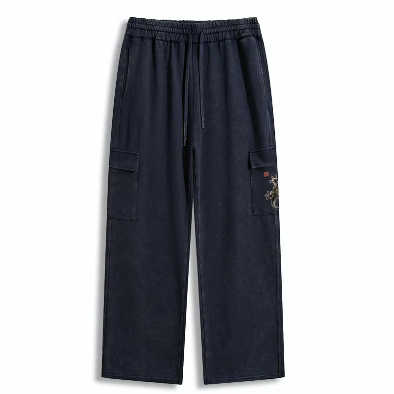 Kyoto-Lion Minimal Asian Ink Brush Gecko Vibe Washed Utility Sweatpants