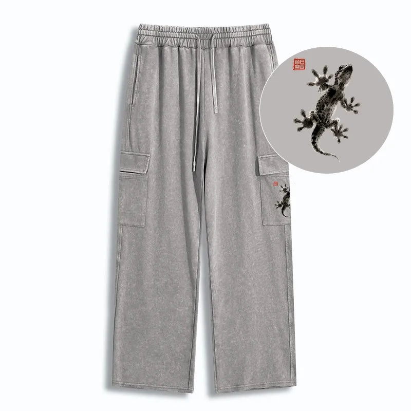 Kyoto-Lion Minimal Asian Ink Brush Gecko Vibe Washed Utility Sweatpants
