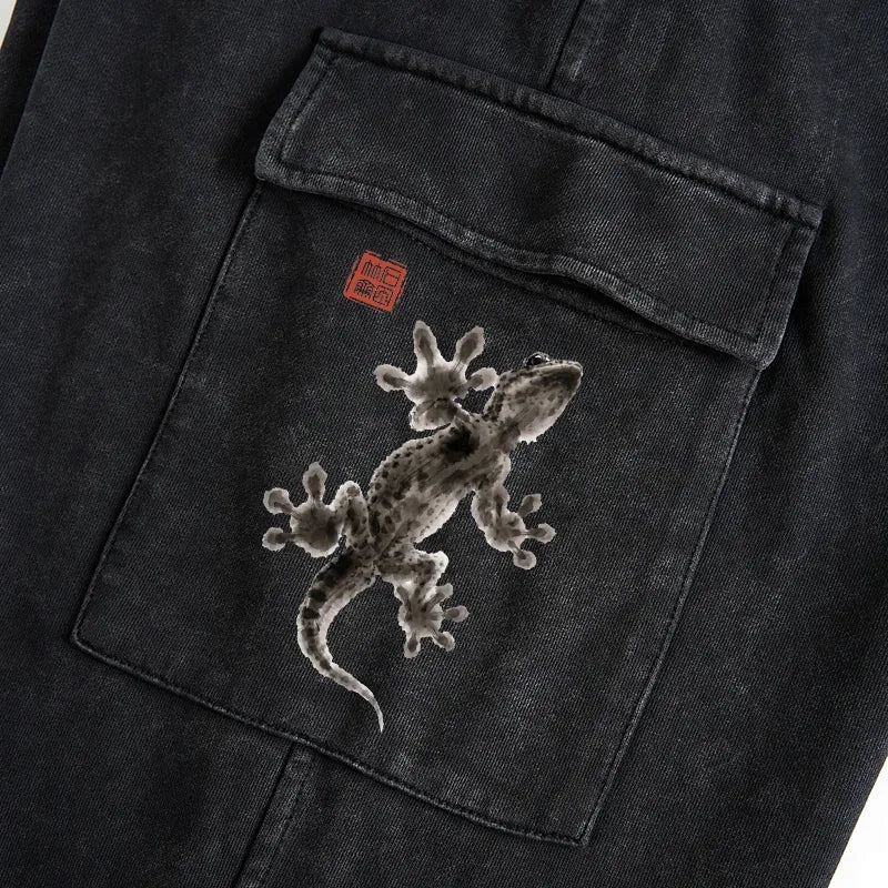 Kyoto-Lion Minimal Asian Ink Brush Gecko Vibe Washed Utility Sweatpants