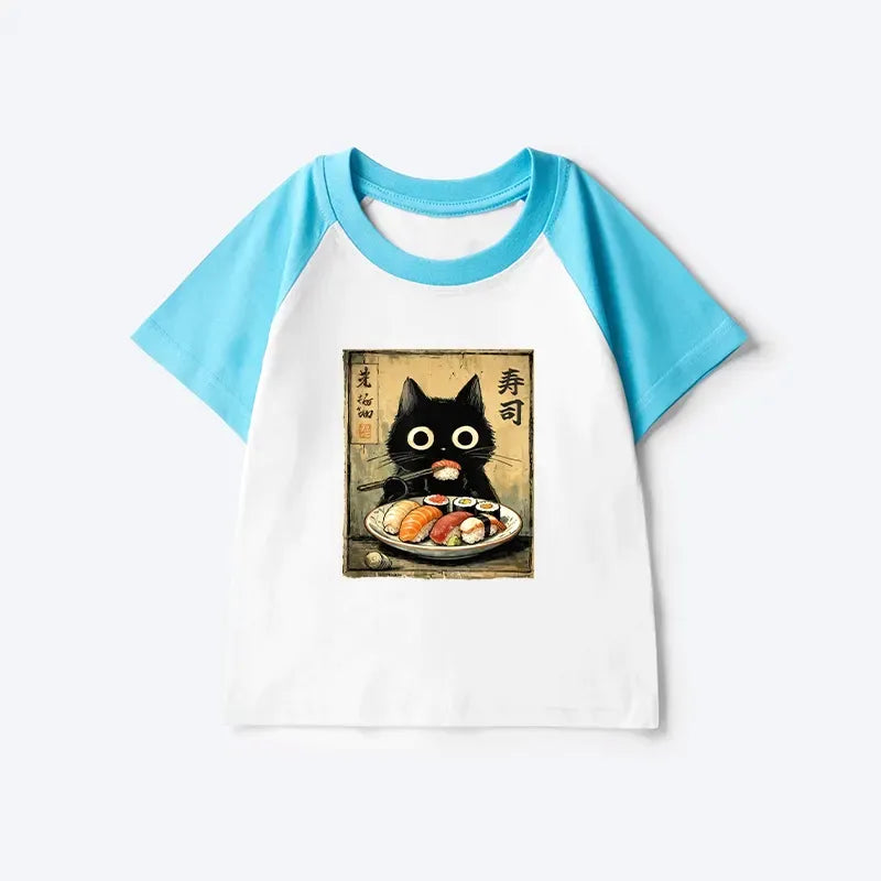 Kyoto-Lion Vintage Japanese Sushi Cat Kids Raglan T-shirt