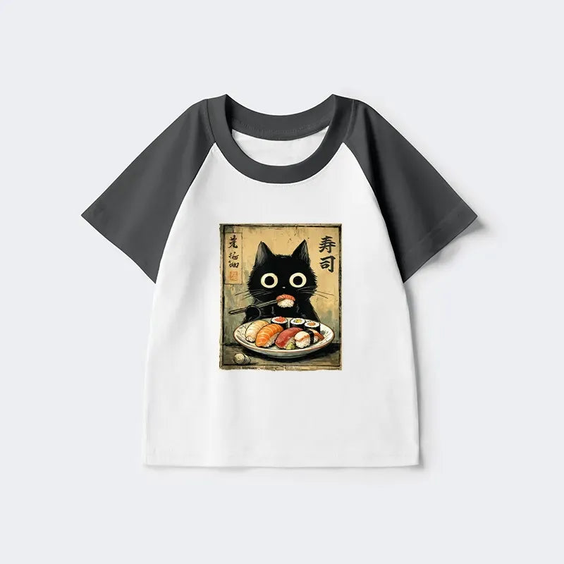Kyoto-Lion Vintage Japanese Sushi Cat Kids Raglan T-shirt