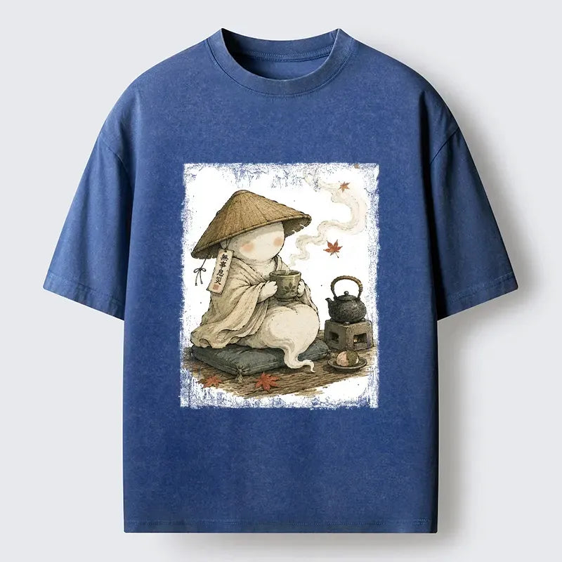 Kyoto-Lion Cute Ghost Peaceful Tea Time Art Washed T-Shirt
