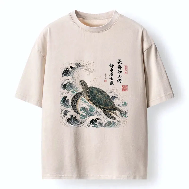 Kyoto-Lion Lucky Turtle With Calligraphy Art Washed T-Shirt