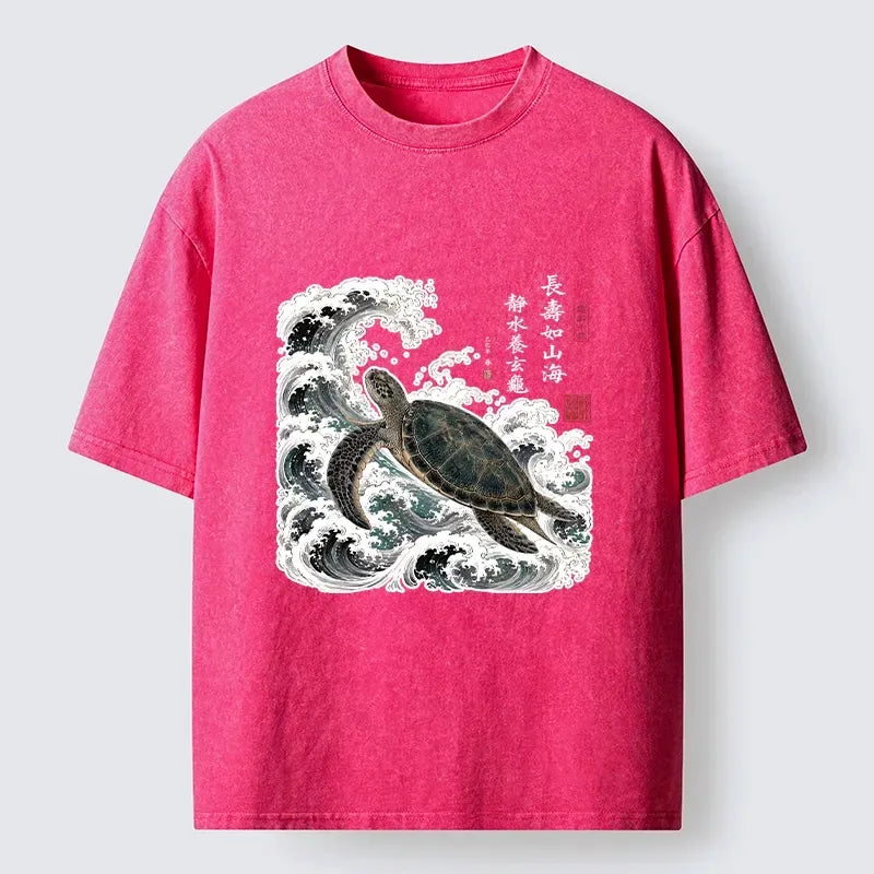 Japanese Calligraphy Turtle Washed T-Shirt
