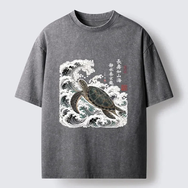 Kyoto-Lion Lucky Turtle With Calligraphy Art Washed T-Shirt