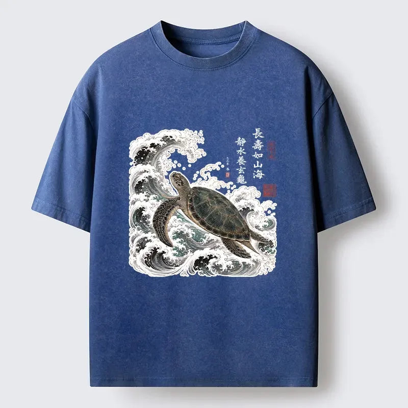 Kyoto-Lion Lucky Turtle With Calligraphy Art Washed T-Shirt